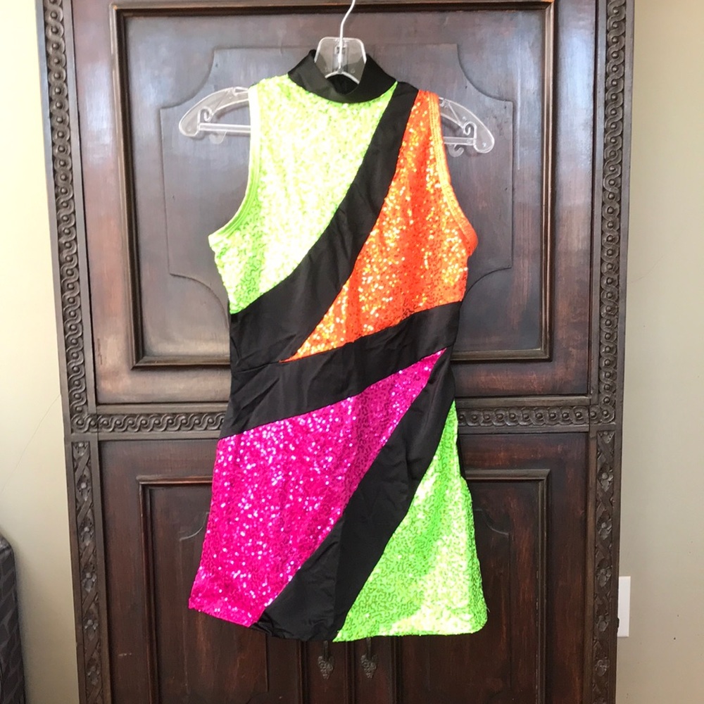Sequin Colorblock Mini Dress - Neon Green, Pink & Orange